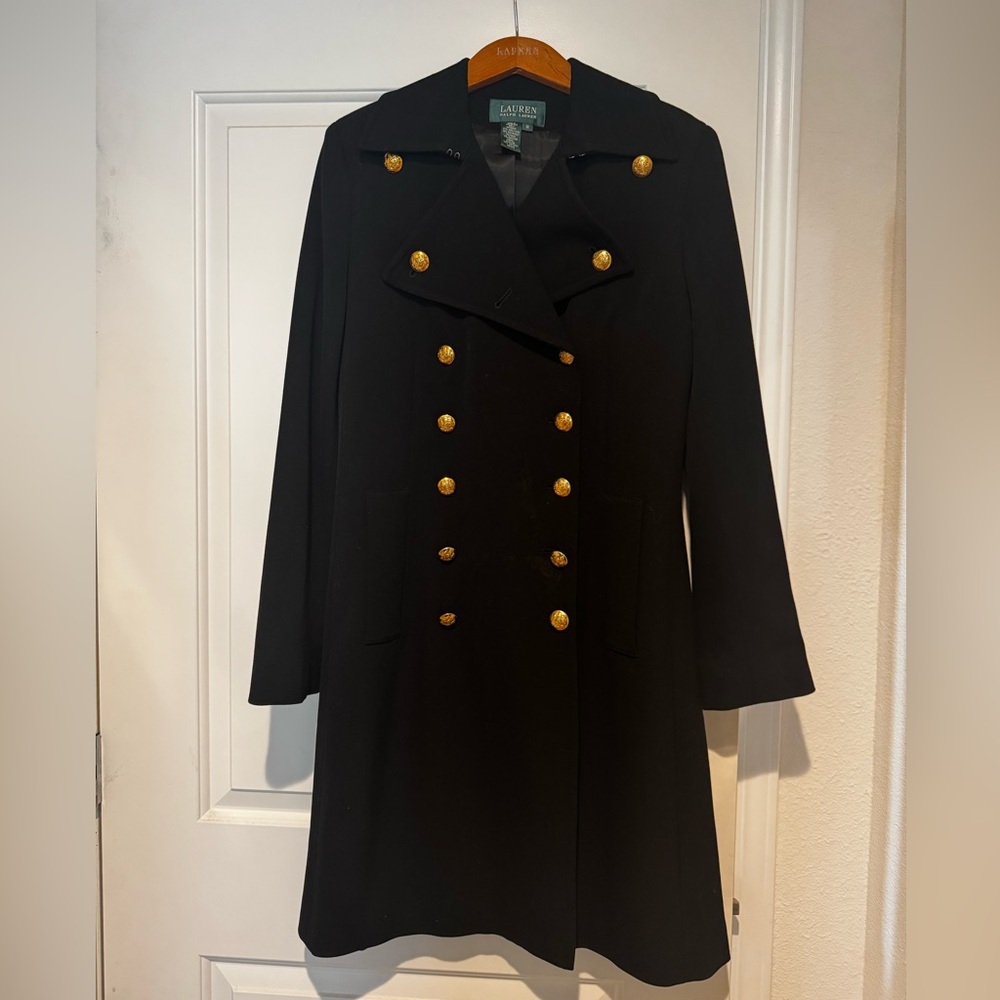 Ralph Lauren Long Double Breasted Wool Blend Military Pea Coat with Gold Buttons